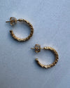 Gold hoop earrings on a light blue background