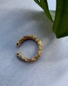 Gold organic ear cuff on a light gray surface with green leaves in the corner