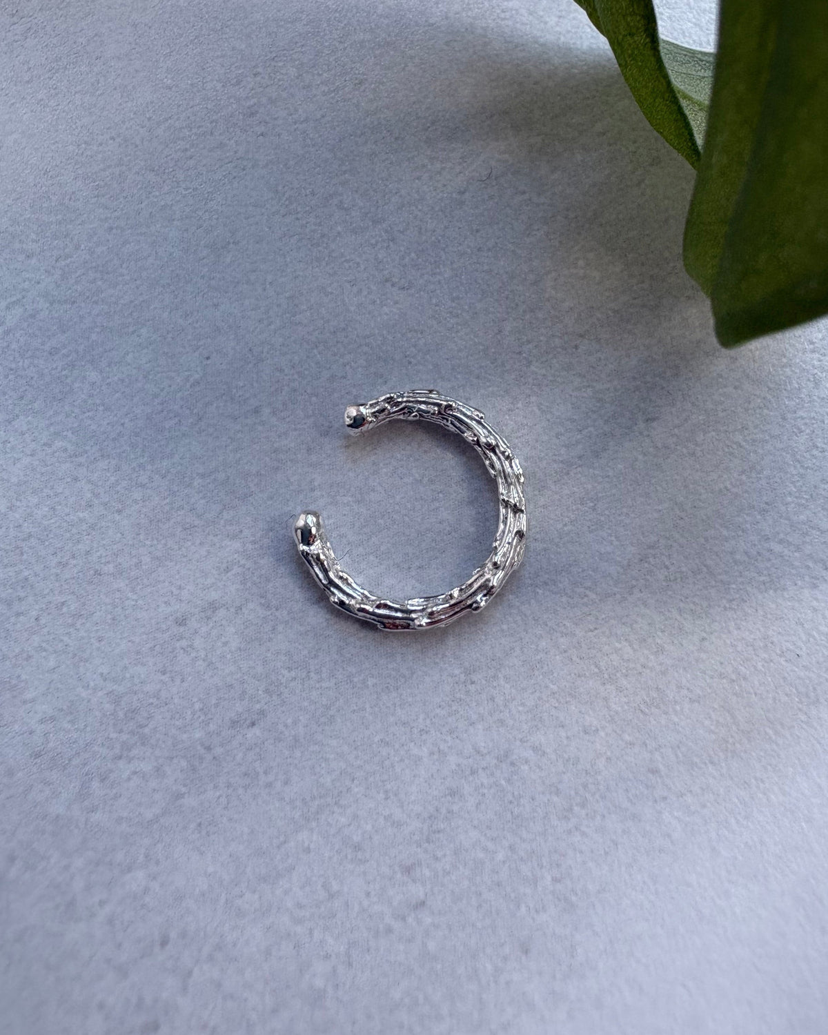 Silver hoop ear cuff on a light gray surface with a green leaf in the corner.