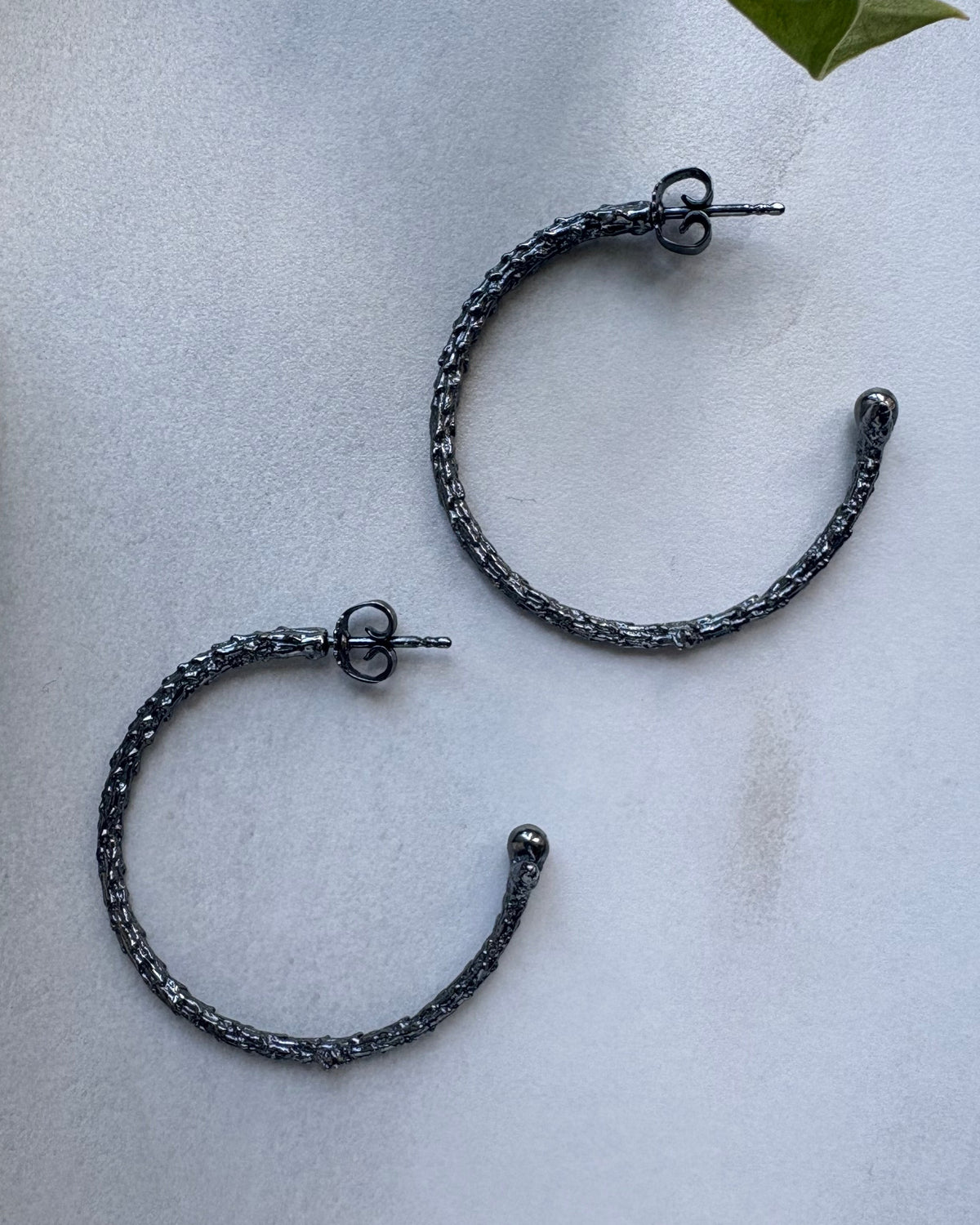 Pair of black hoop earrings on a light gray surface with a green leaf in the corner.