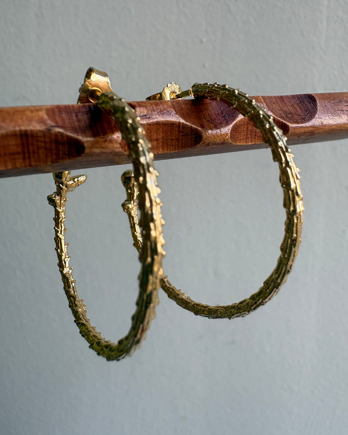 wooden stick holding two organic hoops earrings gold color