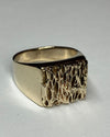 A gold signet ring with a textured, organic patterned face, photographed on a neutral light gray background.