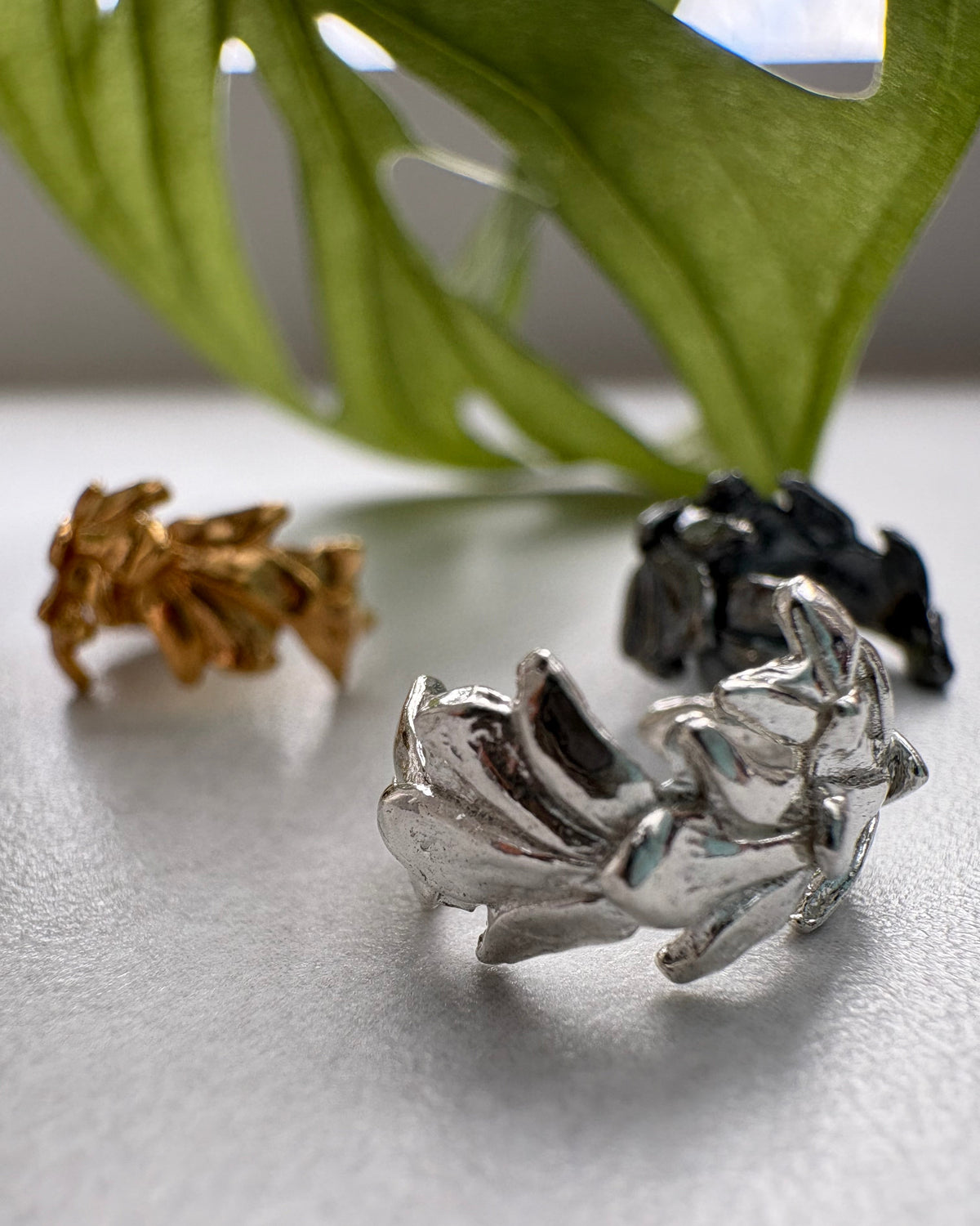 Close-up of silver and gold earrings on a white surface with a green leaf in the background.